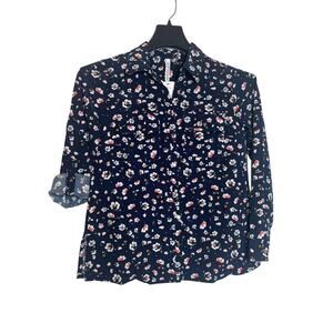 NY Collection Womens Floral Print Button-Up Blouse Roll Tab Sleeve Size S